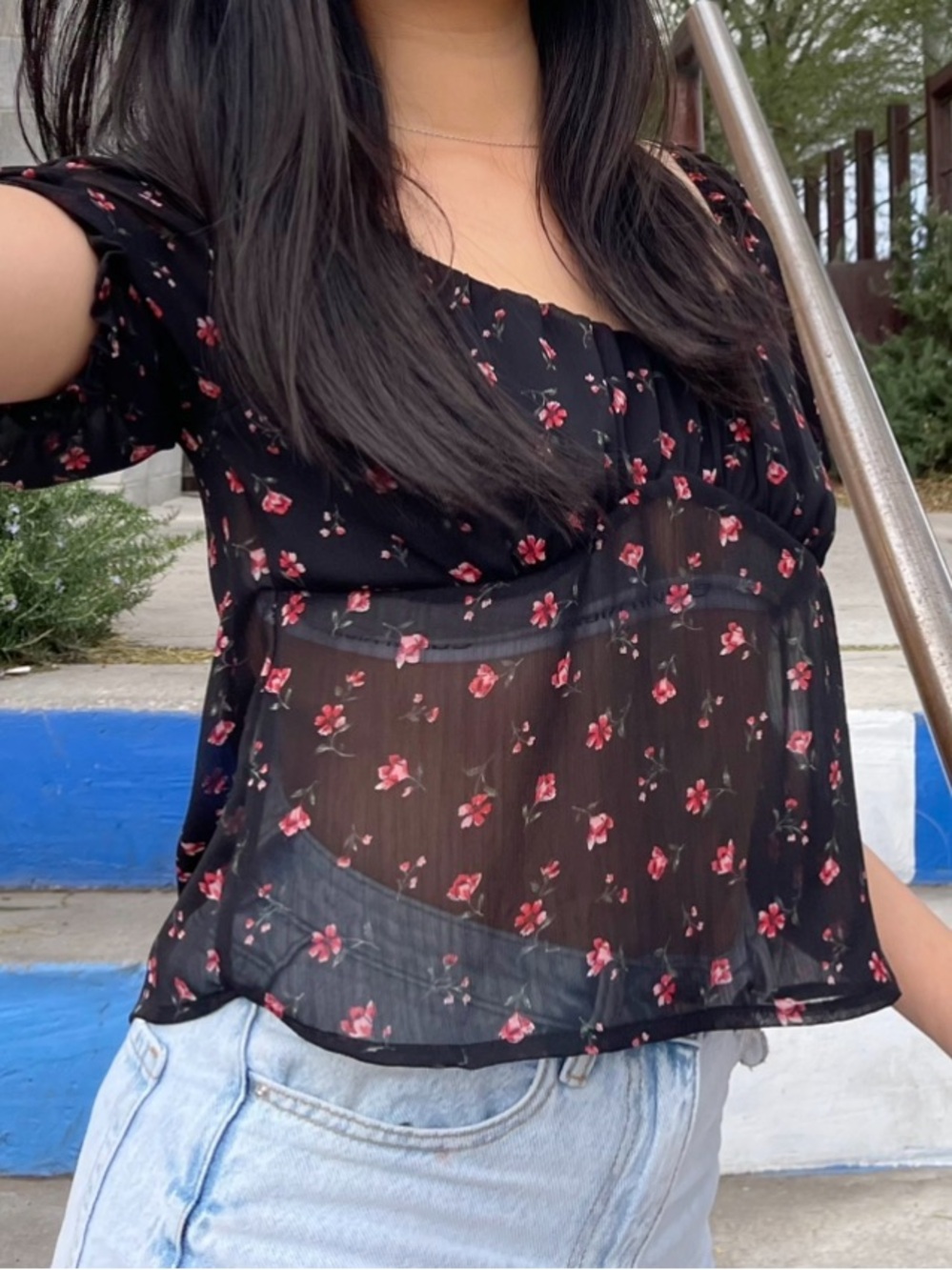Papaya Black Floral Mesh Blouse